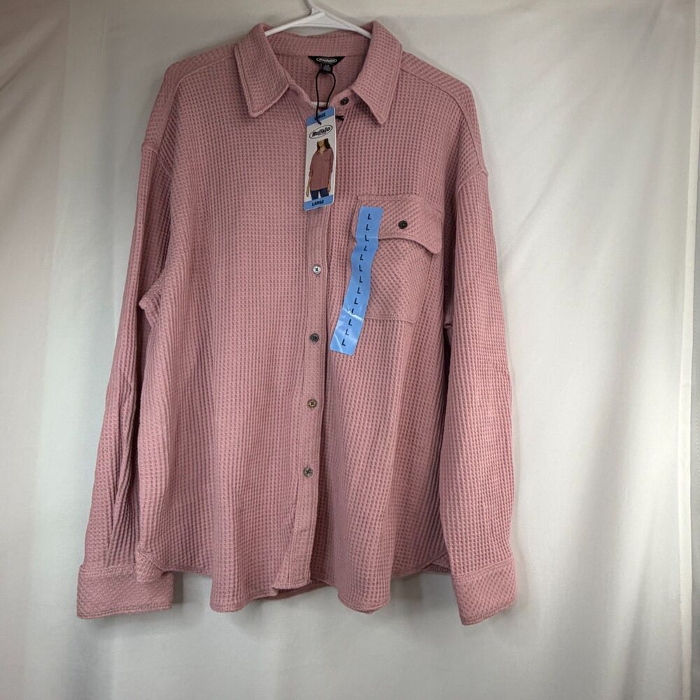 Size L Buffalo Jeans Waffle Knit Button Up Shirt NWT Midday Rose Pink